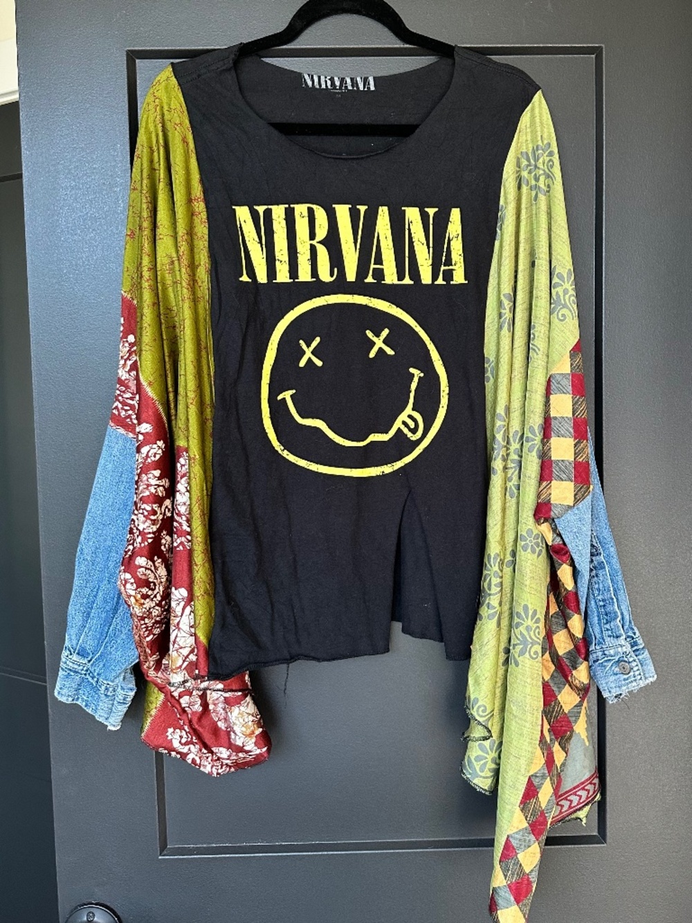 The Morgan Factory Nirvana Upcycled Band Tee – Sari & Denim Kimono Sleeves OSFM